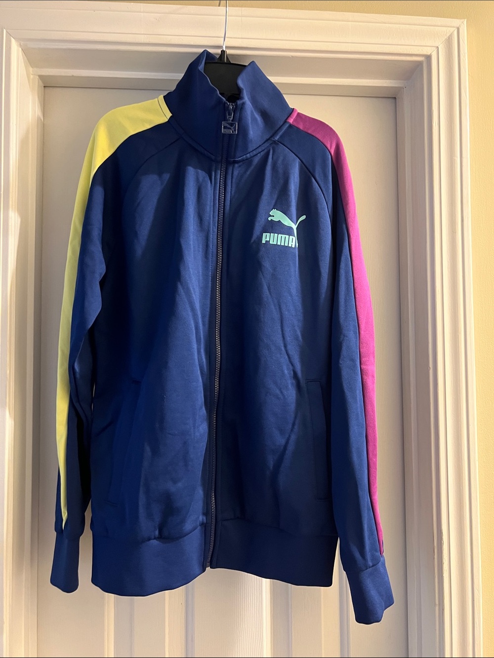 Puma Blue Track Jacket with Neon & Pink Sleeve Stripes NWT